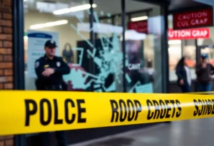 Police investigators examining a storefront after a smash-and-grab burglary