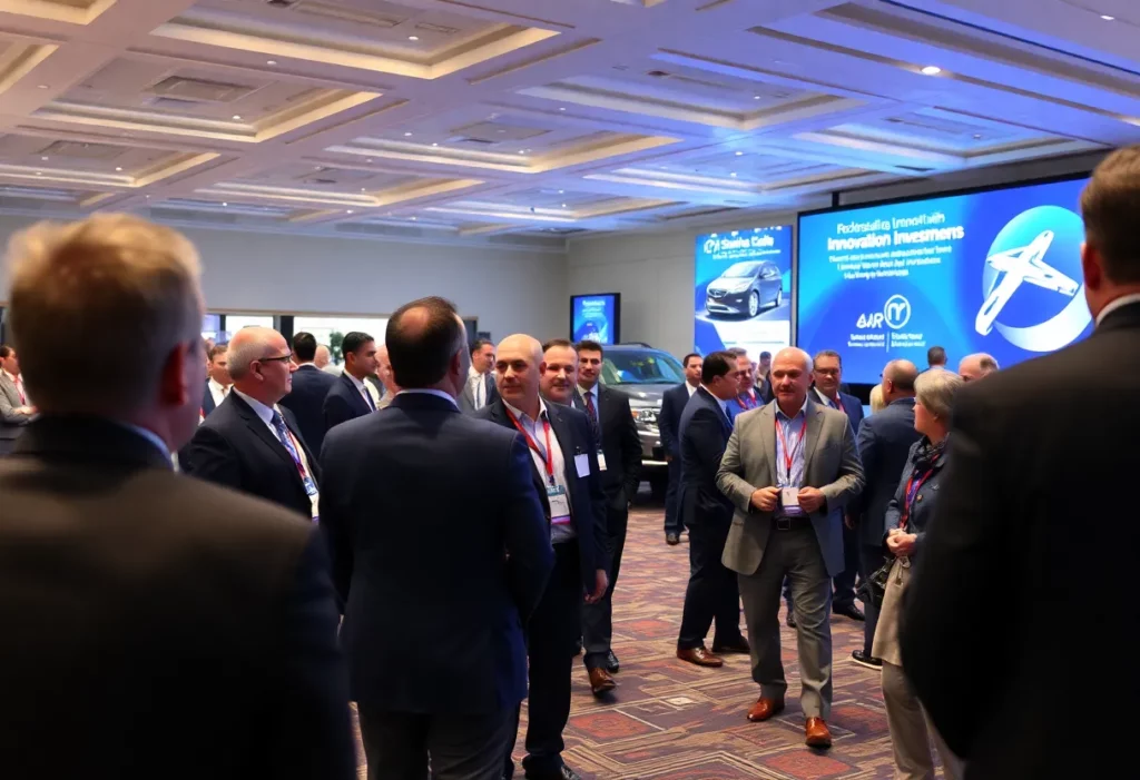 Conference attendees engaging in discussions at the Southern Automotive Conference in Huntsville