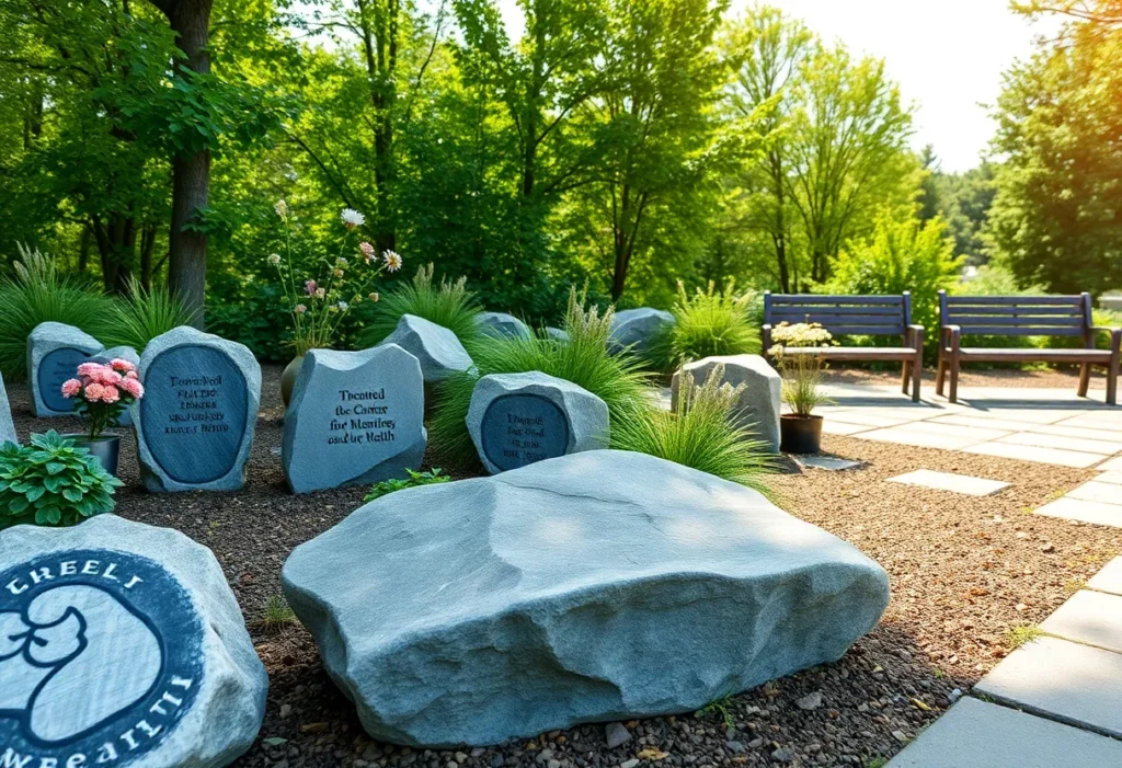 A tranquil memorial for victims of mental illness surrounded by nature.