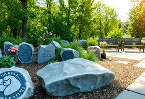 A tranquil memorial for victims of mental illness surrounded by nature.