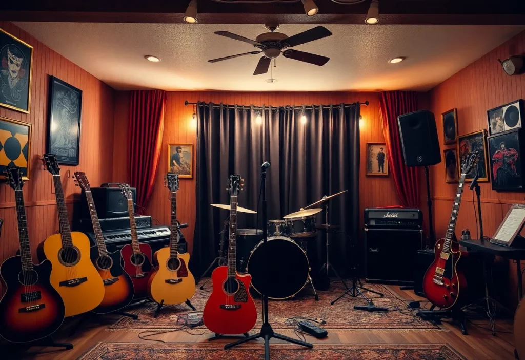 The interior of Tangled String Studios decorated for a farewell concert.