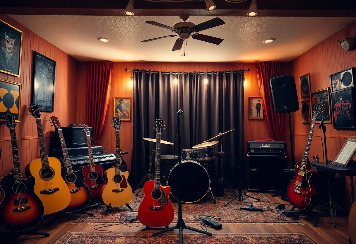 The interior of Tangled String Studios decorated for a farewell concert.