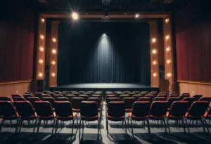 Theater stage with empty seats and a spotlight shining.