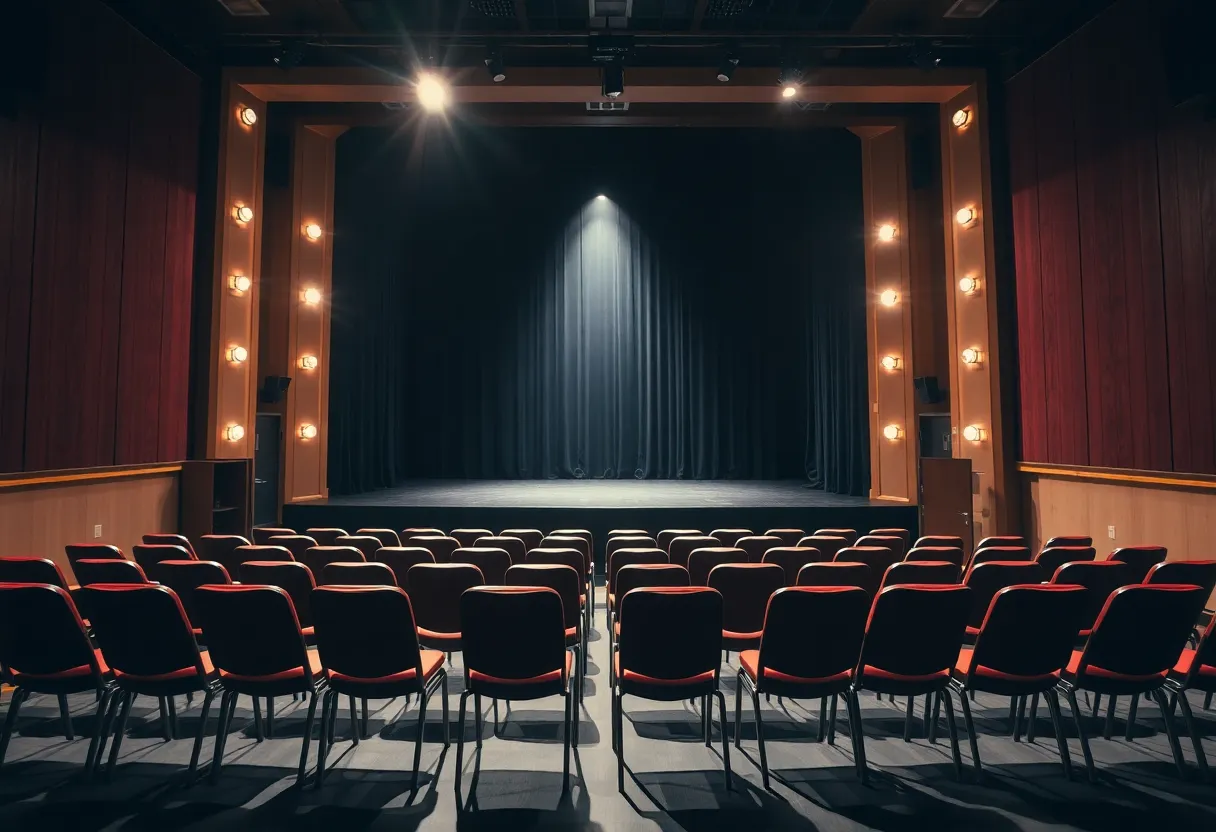 Theater stage with empty seats and a spotlight shining.
