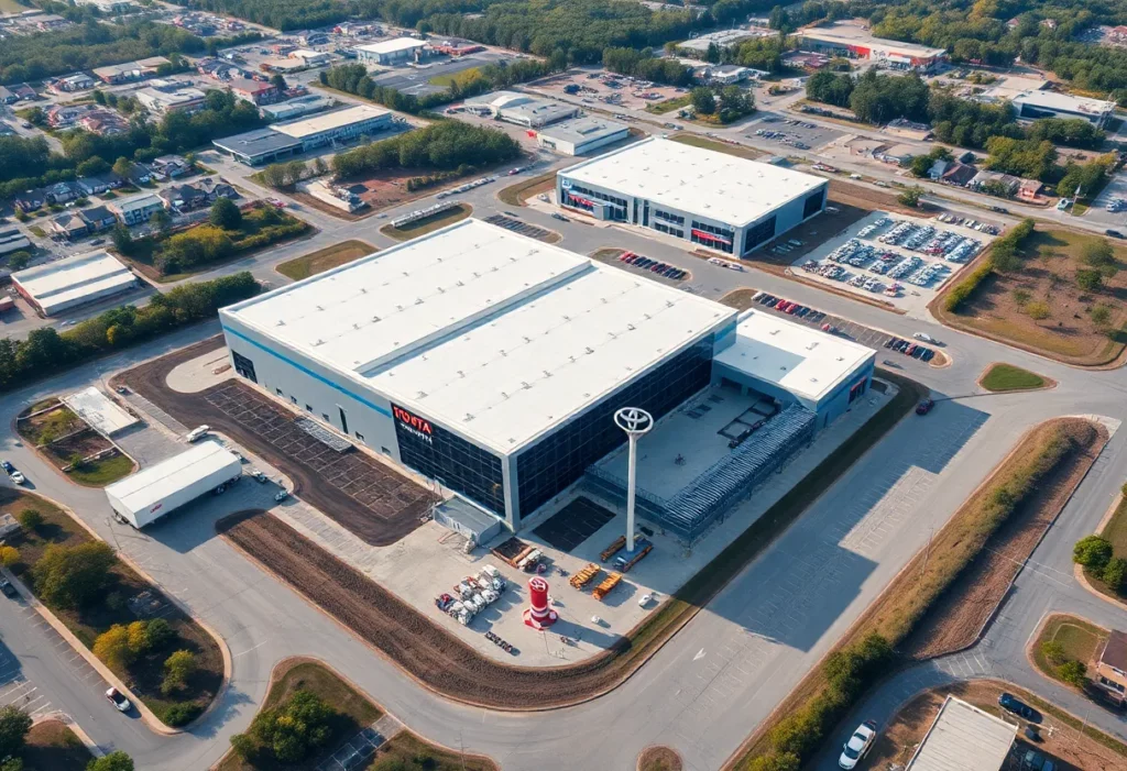 Aerial view of Toyota manufacturing facility during expansion in Huntsville, Alabama