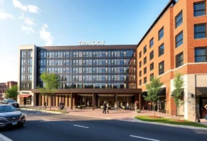 Exterior view of the Trilogy Hotel in downtown Huntsville