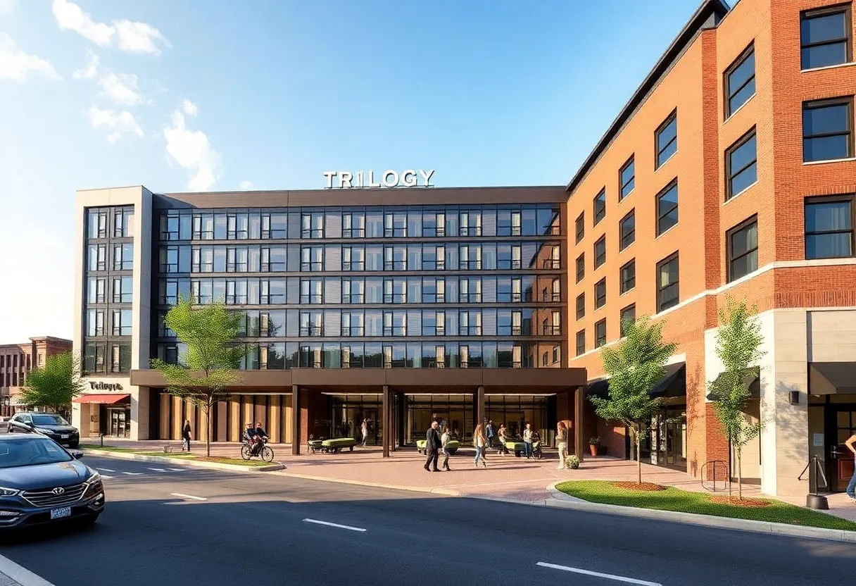 Exterior view of the Trilogy Hotel in downtown Huntsville