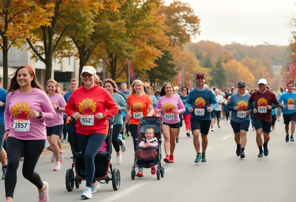 Families running together in the Turkey Trot 5K event in Huntsville