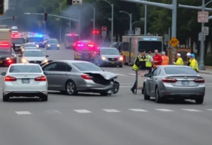 Emergency responders dealing with a vehicle collision at an intersection in Huntsville