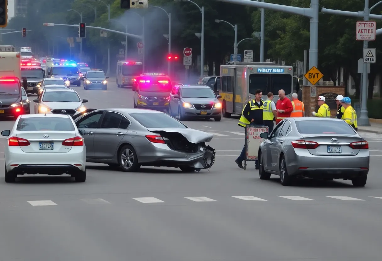 Emergency responders dealing with a vehicle collision at an intersection in Huntsville