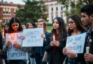Students holding candles at a vigil for unity