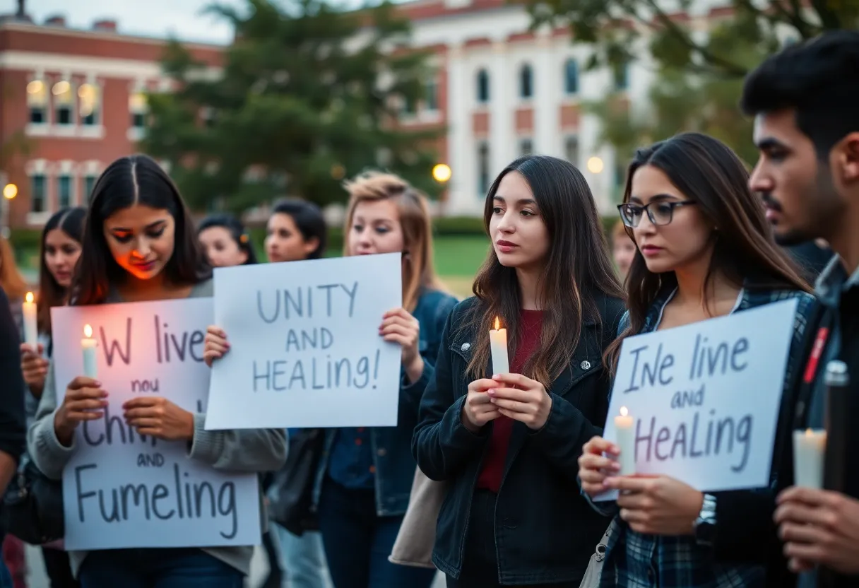 Students holding candles at a vigil for unity