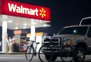Image depicting a Walmart gas station with a bicycle parked outside and a truck in the foreground.