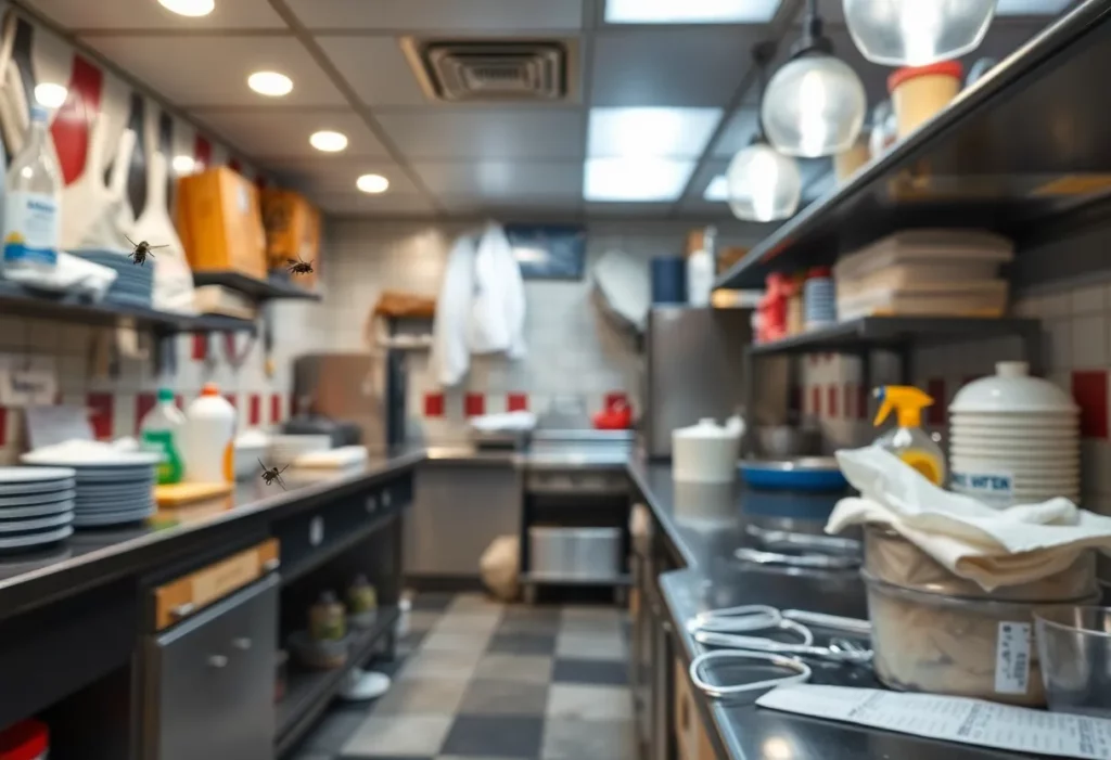 Interior view of West End Grill kitchen showing cleanliness issues during health inspection.