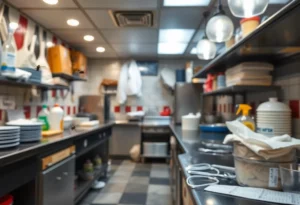 Interior view of West End Grill kitchen showing cleanliness issues during health inspection.