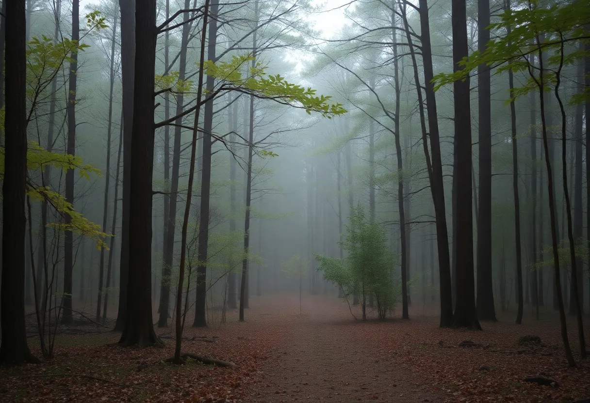 Wooded area in Madison, Alabama, representing the search for a missing person.
