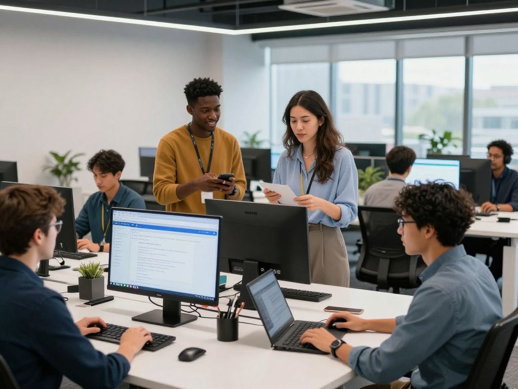 Diverse office team using AI technology for business innovation in Huntsville