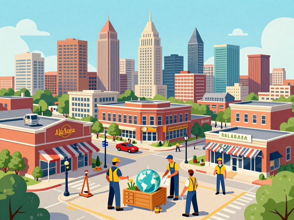 Illustration representing economic growth in Alabama with diverse businesses and skilled workers.