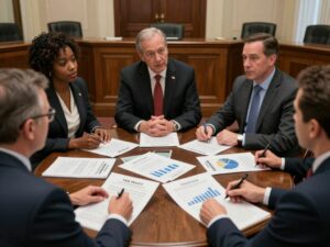 Local business owners engaging in a discussion about online sales tax policy