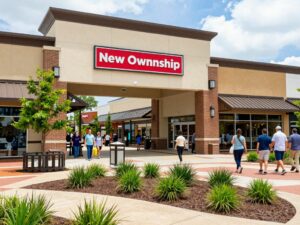 Crowded shopping center in Alabama with new management and vibrant atmosphere.