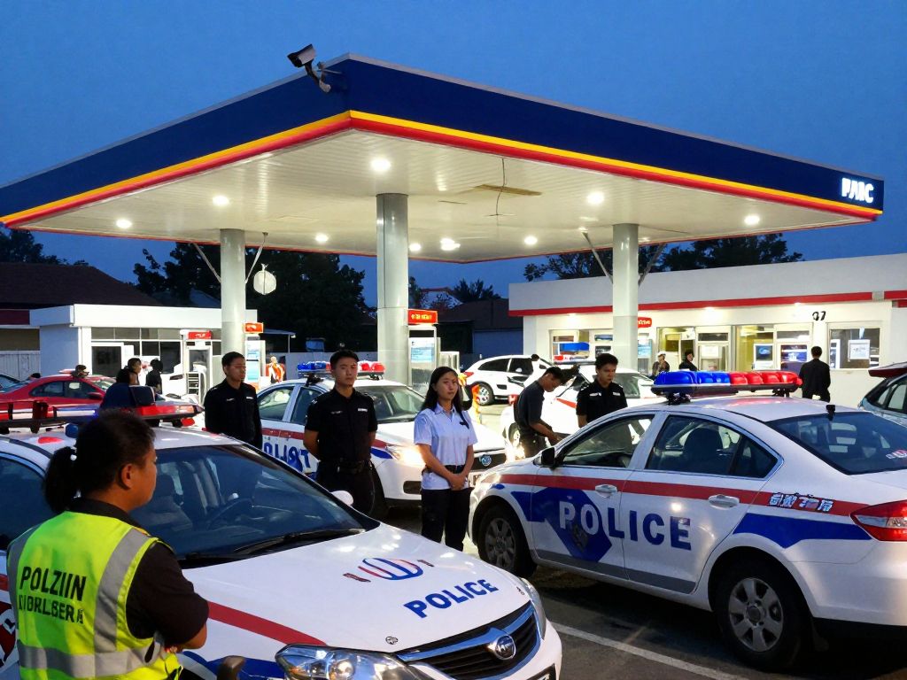Police at a service station investigating an armed robbery