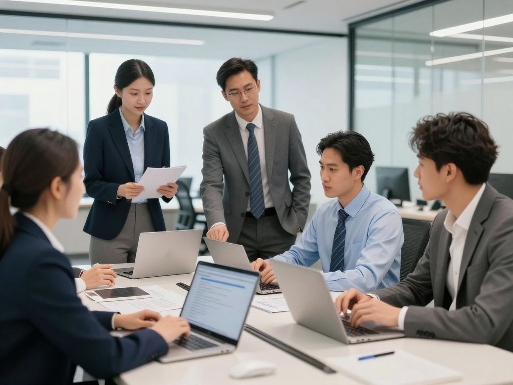 Team collaborating in a modern banking office in Huntsville, Alabama