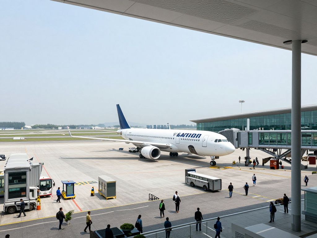 A busy airport terminal with passengers and aircraft