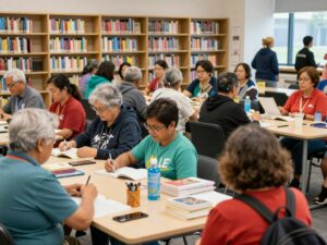 Residents engaging at the Huntsville Library Drive event