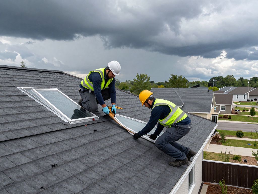 Roofers repairing storm-damaged roofs in Huntsville