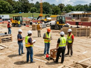Diverse construction team working on site in Huntsville, AL