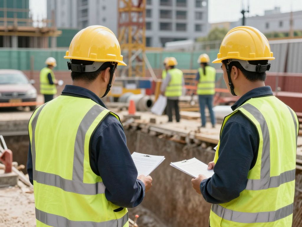 Workers on a construction site adhering to safety protocols.