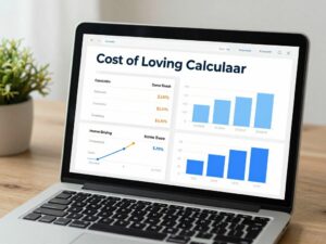 Laptop displaying a Cost of Living Calculator for homebuyers.