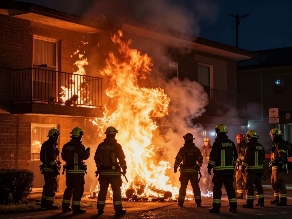 Firefighter extinguishing flames from a burning apartment building