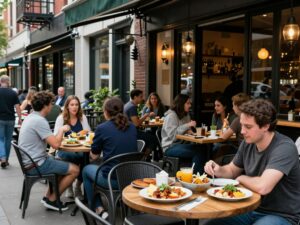 Outdoor view of Good Company Café in Huntsville with patrons enjoying their meals.