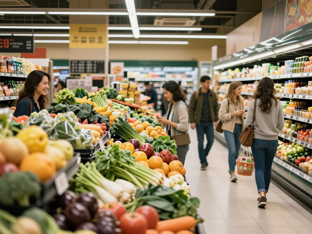 Interior of a vibrant grocery store with fresh produce and happy shoppers.