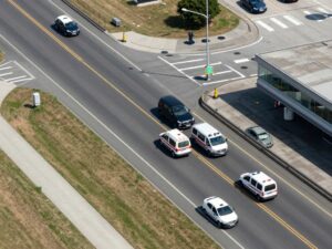 Emergency vehicles at a traffic accident scene near Airport Road SW in Huntsville