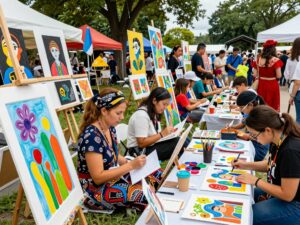 Community members enjoying the African American Art Festival in Huntsville with various art displays.