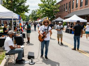 A lively scene of Huntsville's arts and entertainment activities with local artists and musicians.
