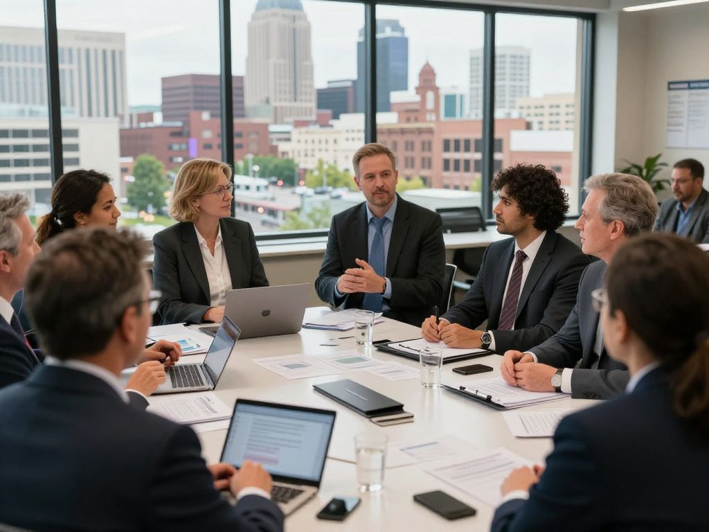 Business leaders in discussion about growth strategies in Huntsville.