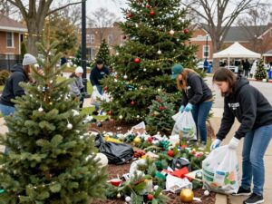 Volunteers participating in the Huntsville Christmas Cleanup event collecting holiday debris.