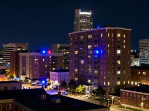 Night view of Huntsville city with apartment buildings.