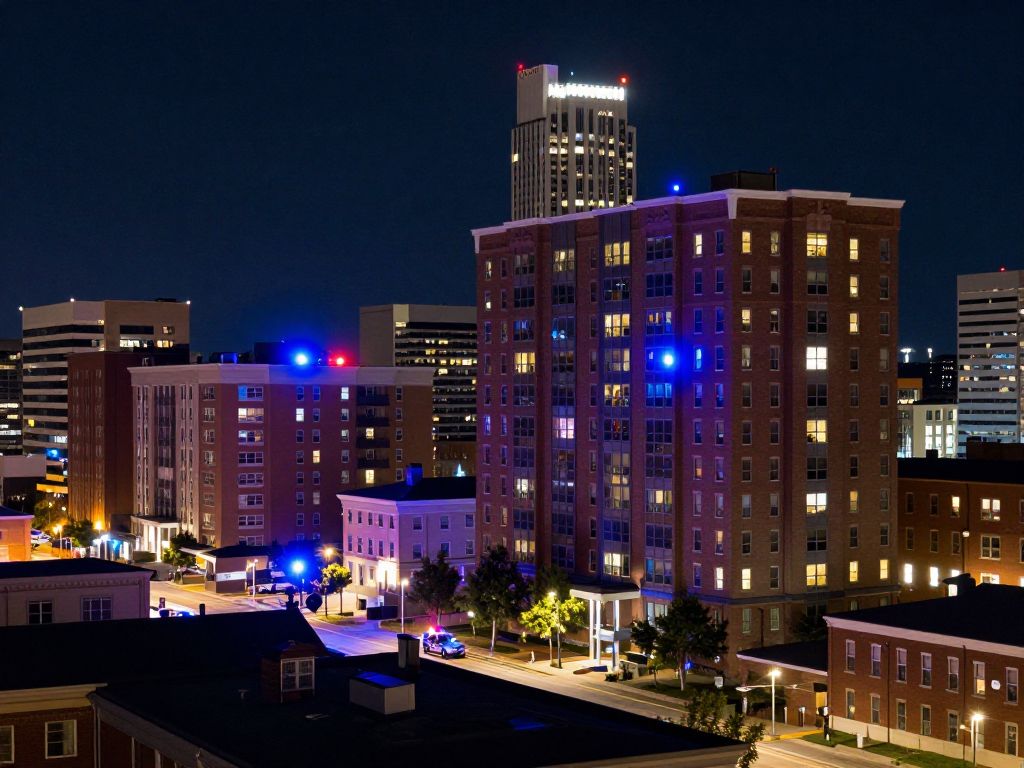 Night view of Huntsville city with apartment buildings.