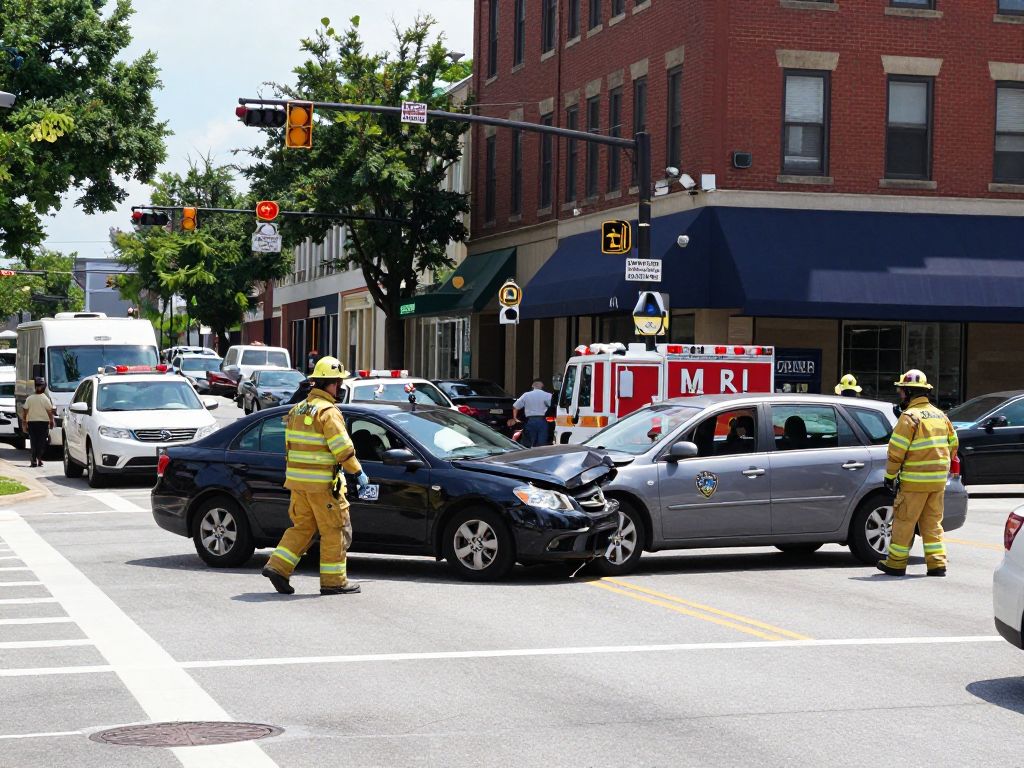 Scene of a car accident in Huntsville, Alabama, with emergency responders at the intersection.
