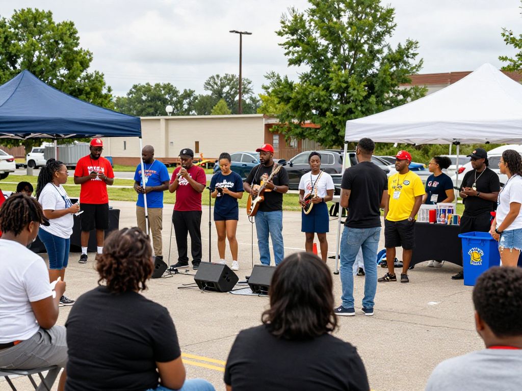 A lively community benefit event in Huntsville with local residents participating.