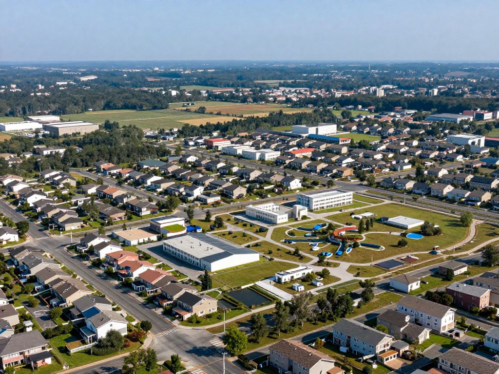 A scenic view of Huntsville's expanding area showcasing new residential and educational structures.