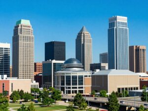 Aerial view of Huntsville Alabama showcasing technological advancements and city growth.