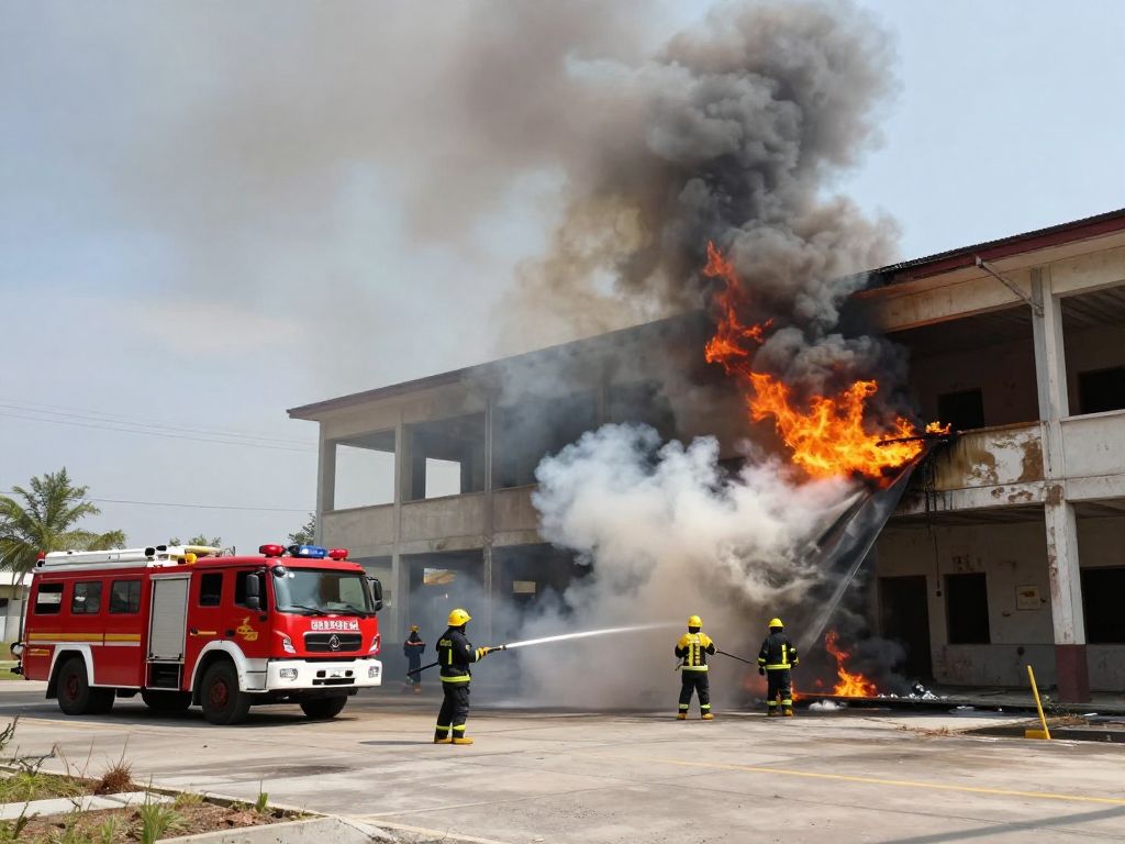 Firefighters battling a fire at a vacant building in Huntsville, Alabama.