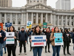 Protesters at Huntsville City Hall advocating for immigrant rights