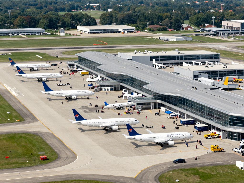 Aerial view of Huntsville International Airport showing busy terminals and aircraft.