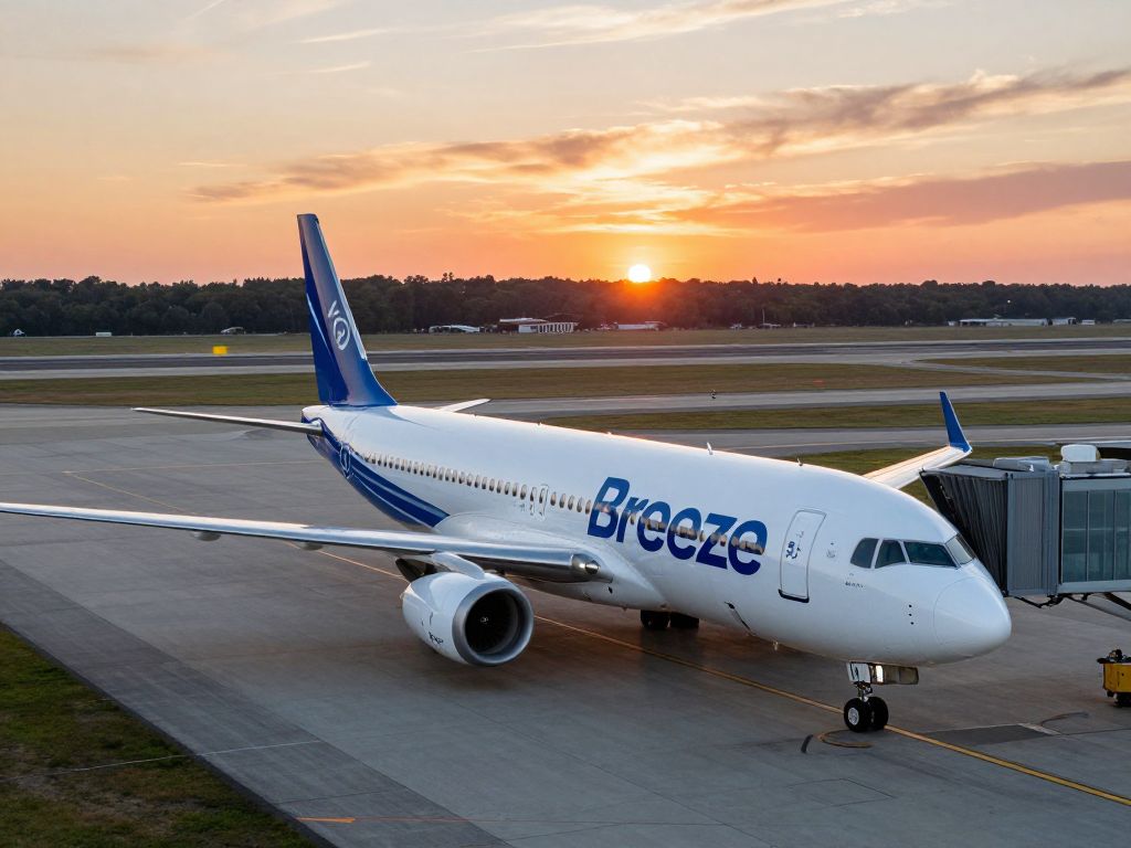 Aerial view of Huntsville International Airport with Breeze Airways plane on the runway.